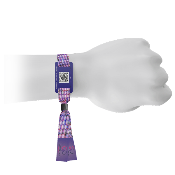 RFID Fabric Wristband in purple pattern design with black slide lock