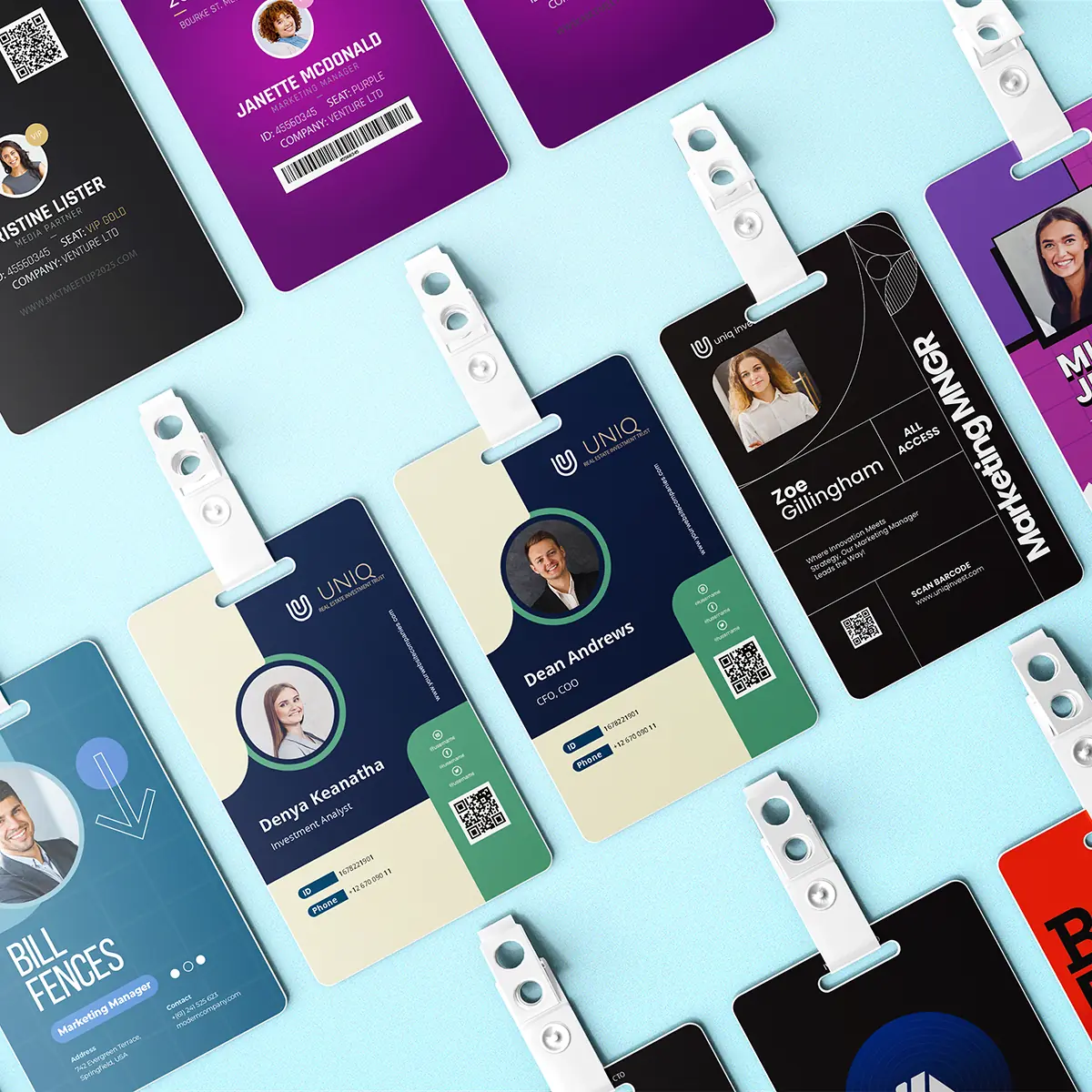 many corporate staff ID cards lined up on a blue background