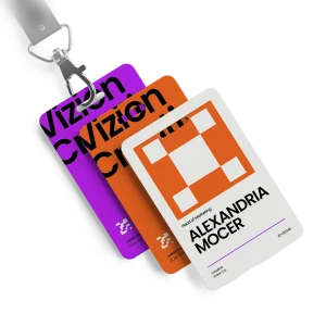 3 stacked id cards for design corporate business in purple and orange