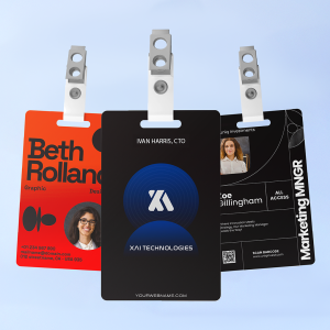 3 Different ID Cards printed by AAC and designed online, for free using PrintFlo. These cards span staff ID, corporate and events.