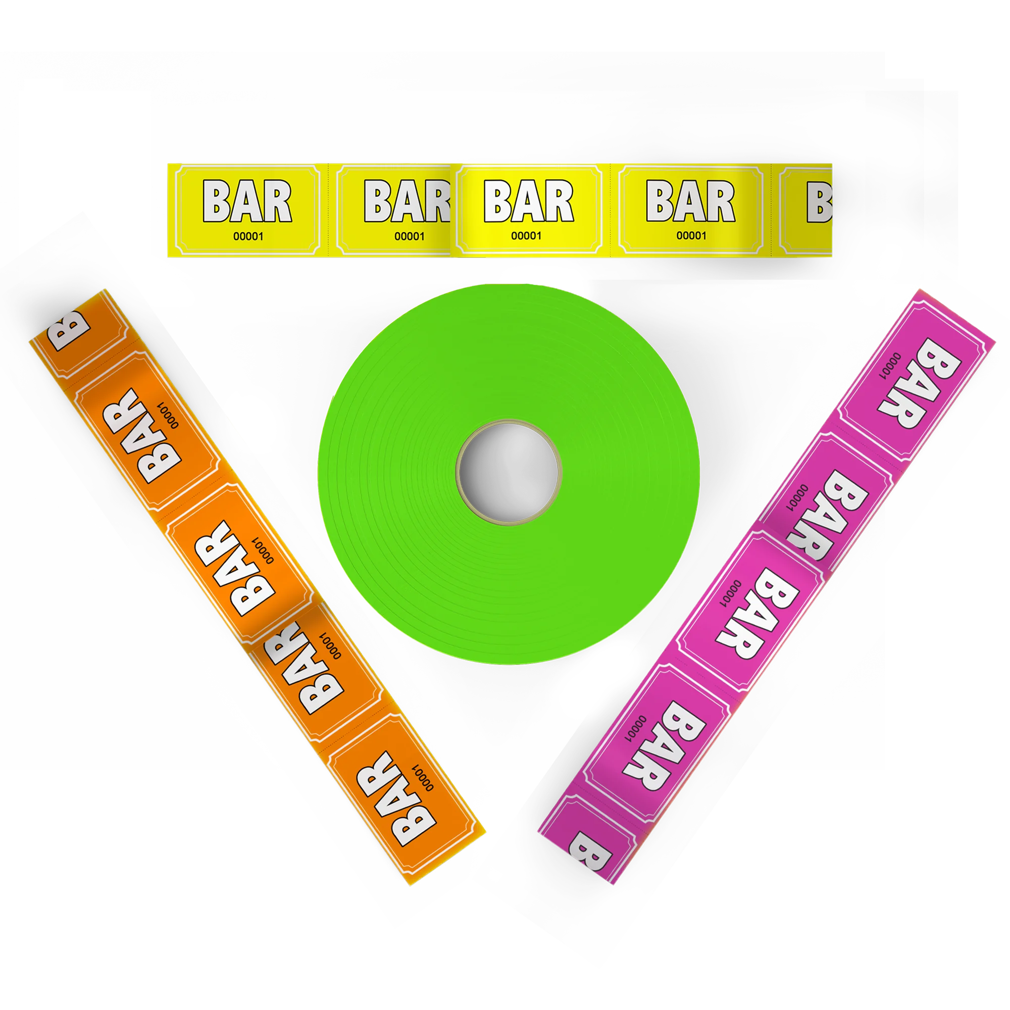 4 different colours of bar tickets pink orange yellow blue roll tickets