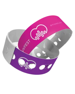 Vinyl Wristbands in a Pink and purple base colour with white print design