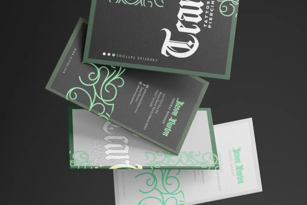 Green business card designs with embossed and spot UV sheen