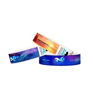 3 Custom Printed 19mm Tyvek Wristbands in orange and purple base colours for with custom designs for aquatic centers and surf club events.