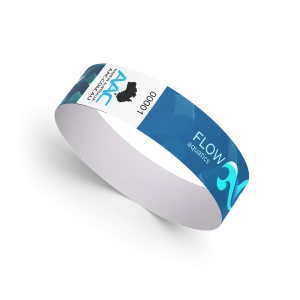 Custom 19mm Tyvek Wristband design for an aquatics center, on a blue base colour.