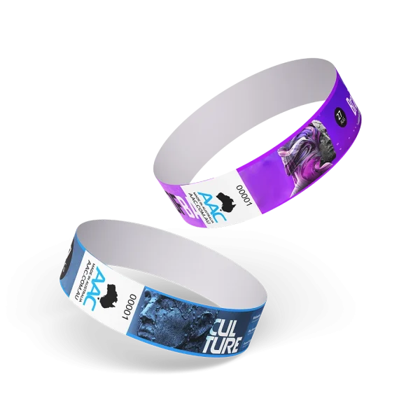 Two Custom 19mm Tyvek Wristbands in blue and purple base colous, designed online using AAC's custom product design tool, PrintFlo - with a bold, modern design.