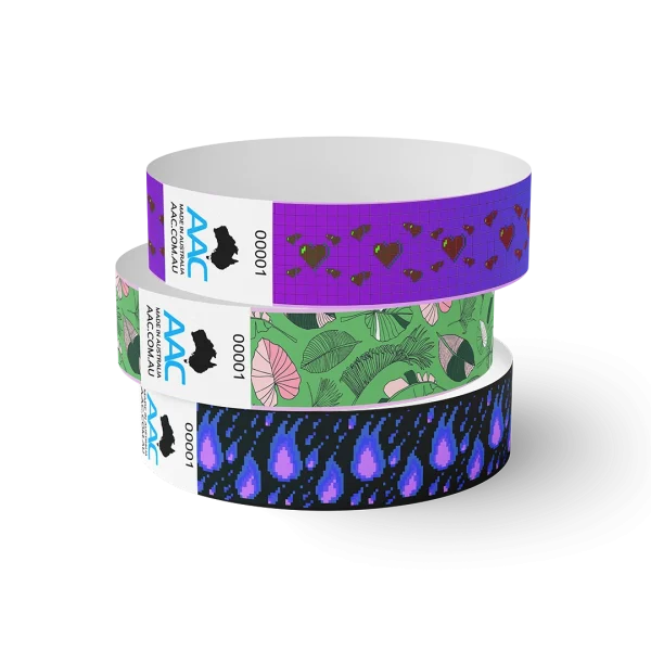 Custom 25mm Tyvek Wristbands from AAC can be printed in full colour on any base colour.