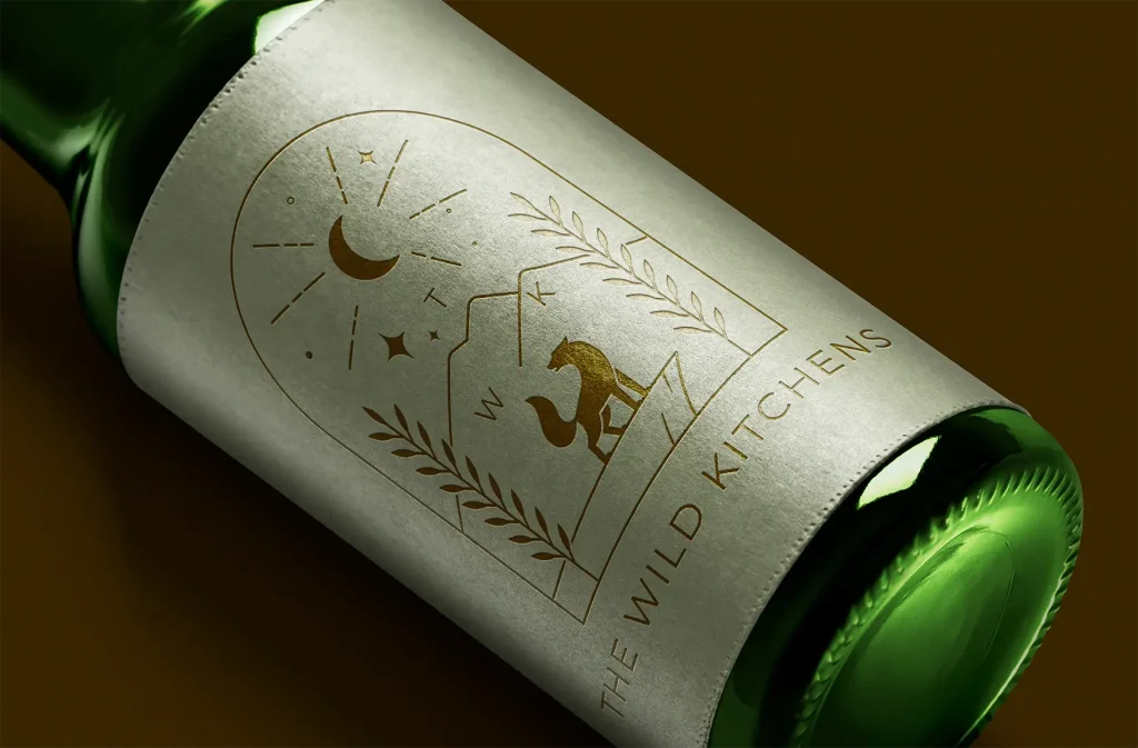 wine bottle label for the wild kitchens in embossed design