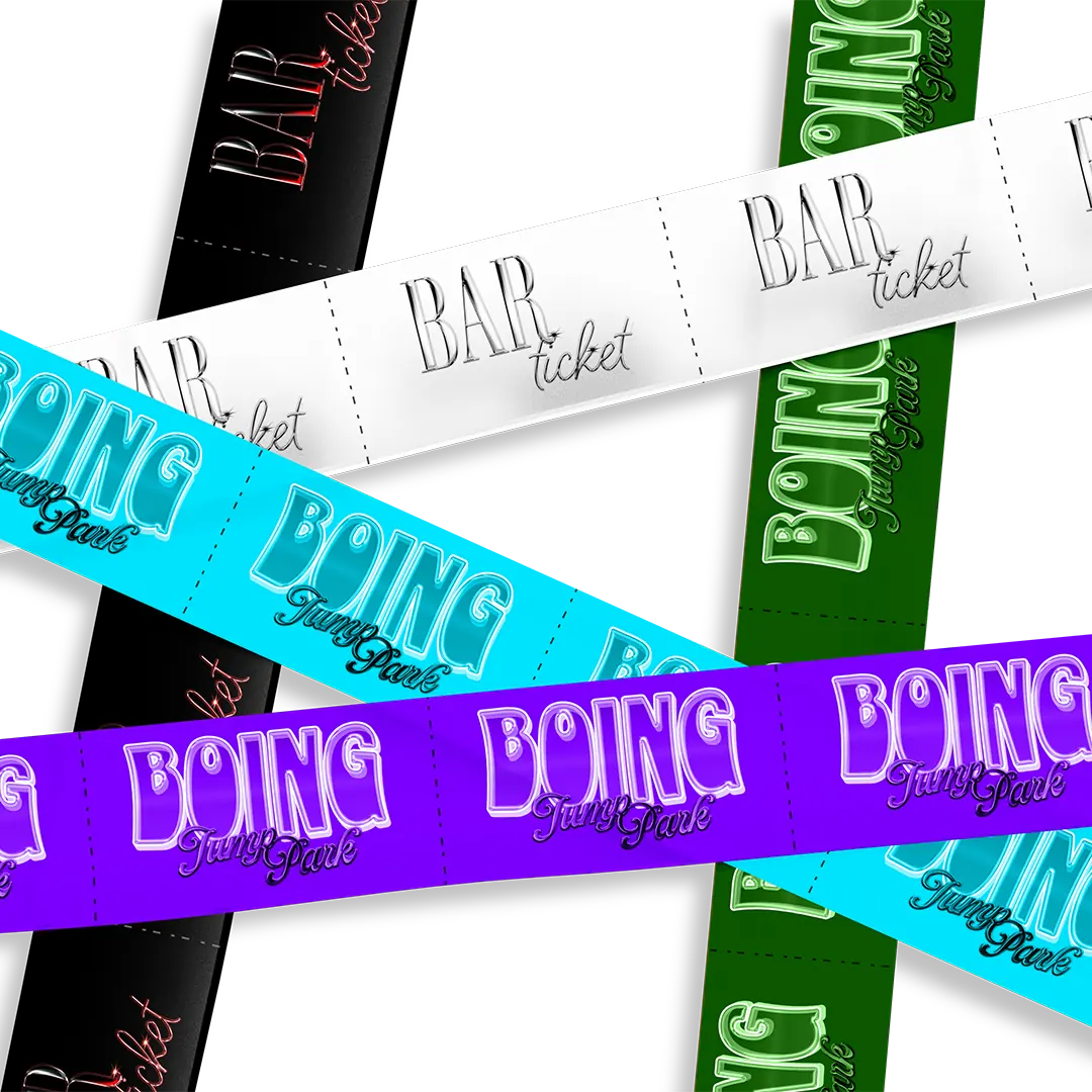custom roll tickets in different designs in many base colours for trampoline park and bar