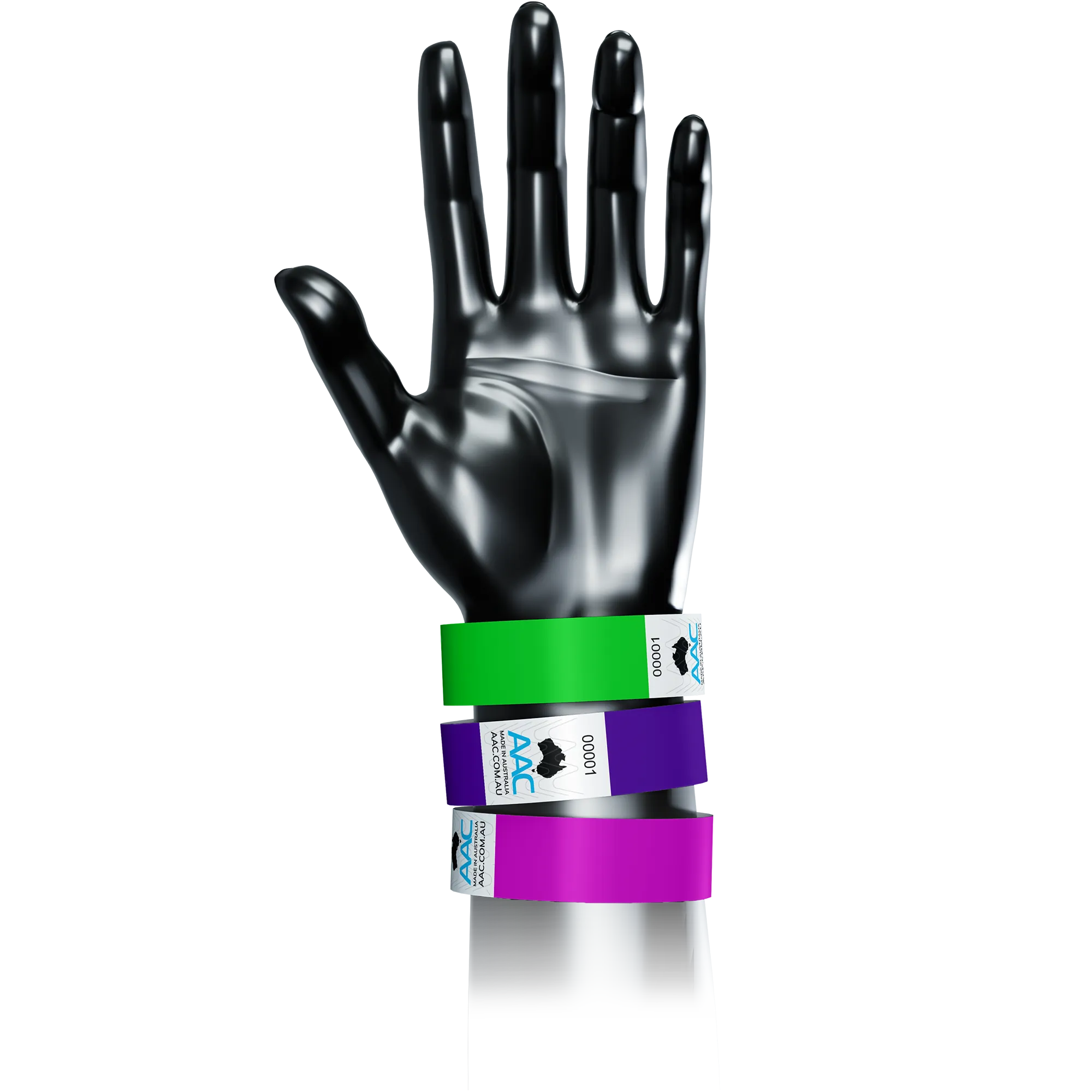 3 plain tyvek wristbands on mannequin with AAC logo on adhesive in neon green, purple and neon pink colours