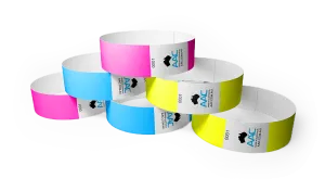Plain 19mm Tyvek Wristbands in neon pink, light blue and neon yellow.