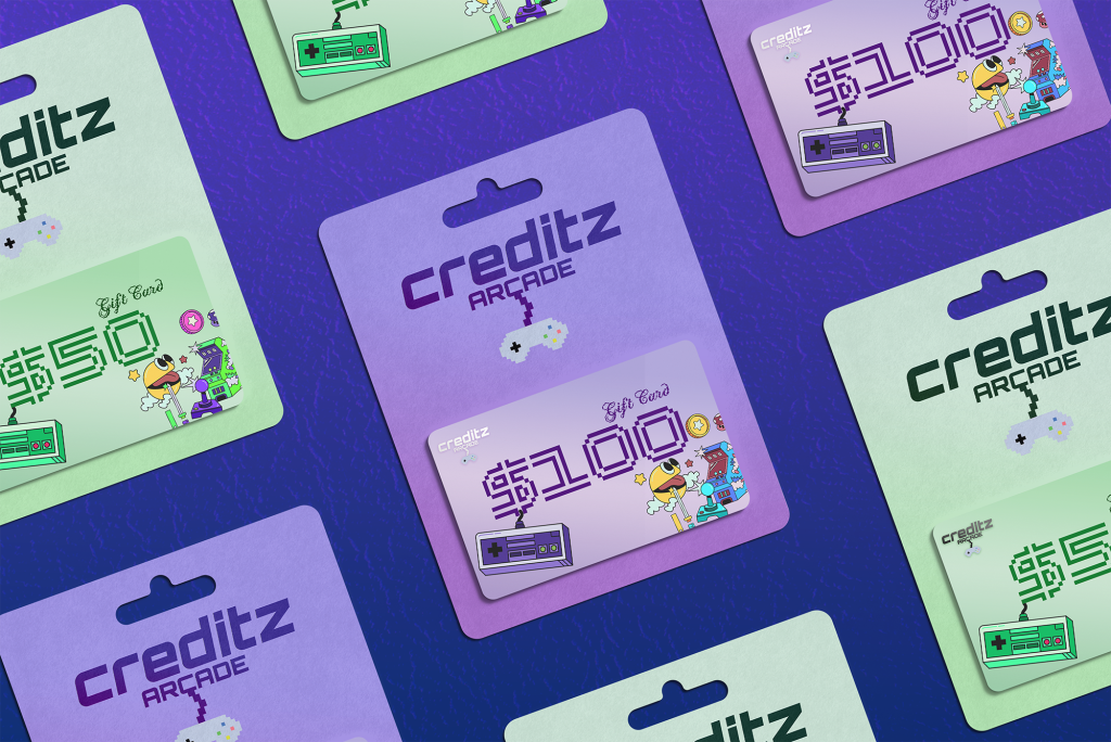 Gift card for creditz arcade in purple and green