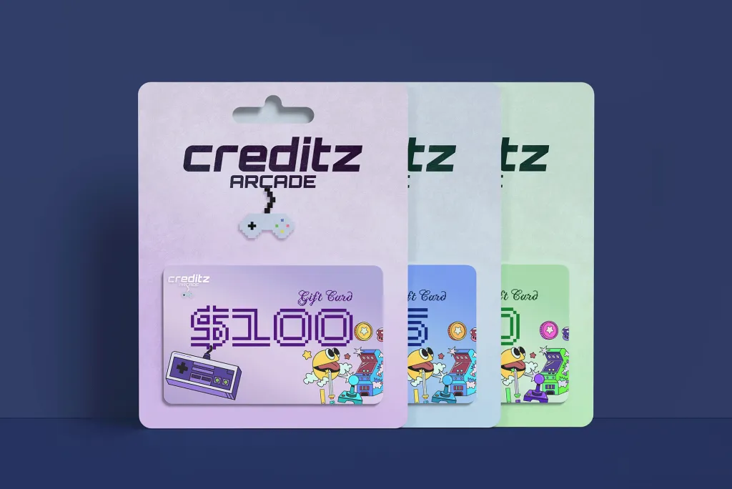 Pink Blue and Green Custom Gift Cards for an arcade