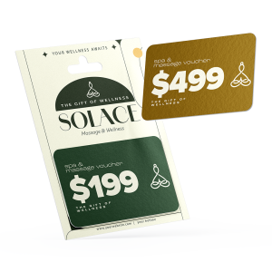 Some Custom Gift Cards designed online and printed for a spa in green brown and gold.
