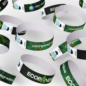 An example of many different design variations of 19mm EcoBands! Our sustainable and biodegradable wristband for events doesn't compromise on customisation.