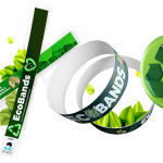 Ecobands in eco-friendly event wristband design mockup next to recyclable icon and compostable icon