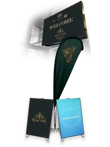 3 different signs corporate a-frame, teardrop and aluminum comoposite signs for events in blue and green