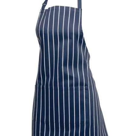 blue and white striped apron