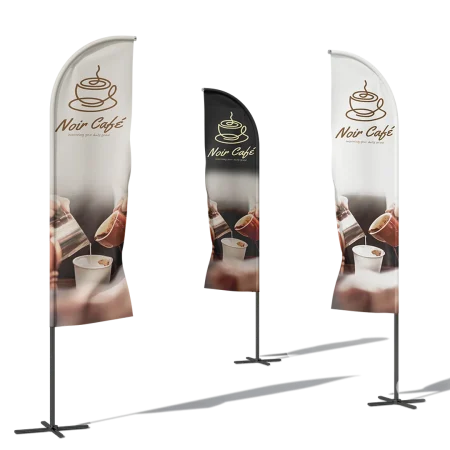 bow banner flags for advertising cafe in multiple clour variations, designed using printflo online