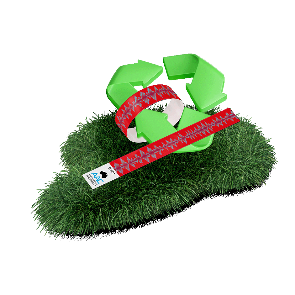 A full-colour soundwave style EcoBands Wristband showing how it's fully recyclable and biodegradable.