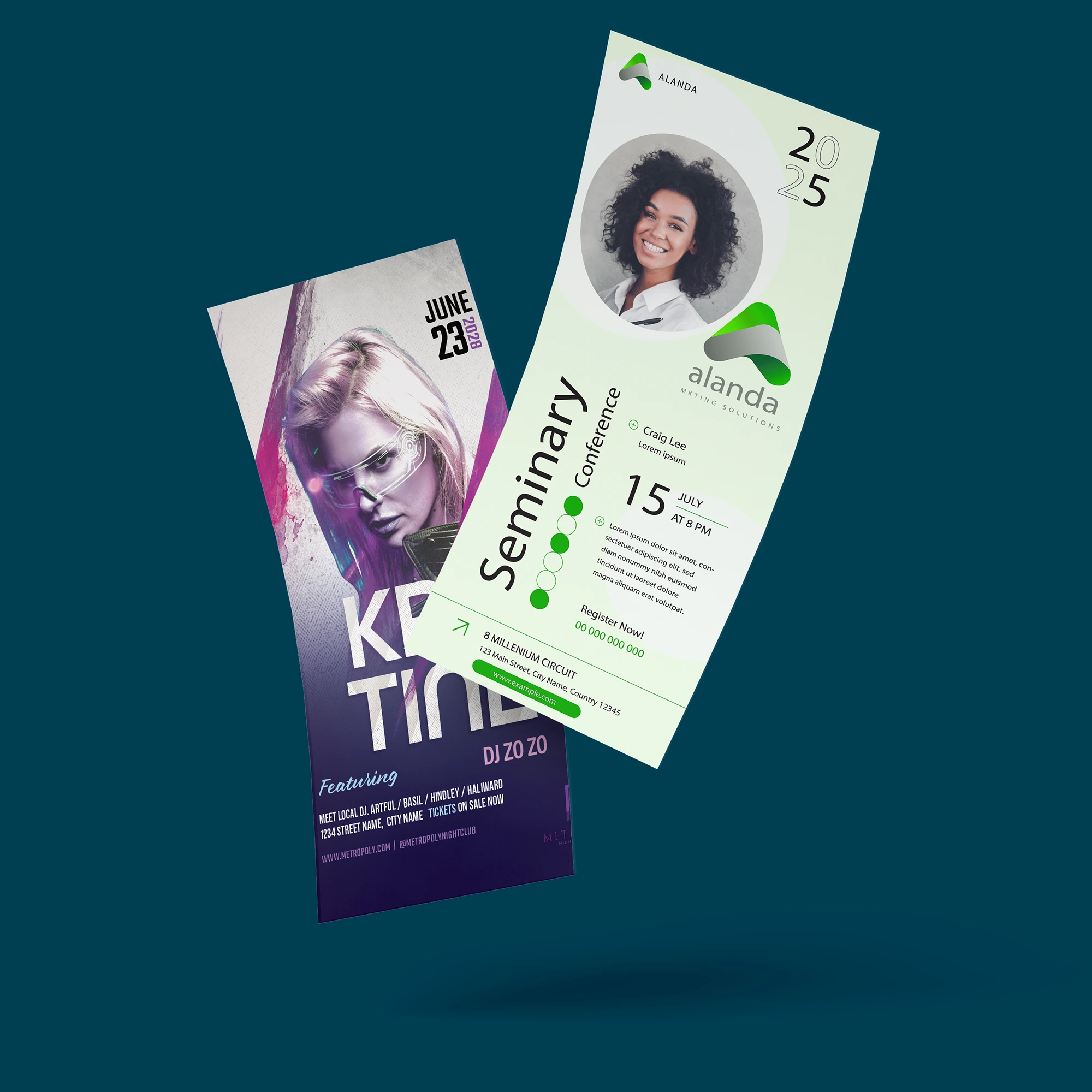 An example of two DL flyer print designs of a business conference and a flyer for a club DJ set in a hospitality industry.