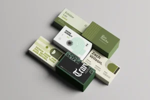 stacks of green business cards for various hosptality, events and venues as well as corporate businesses printed custom by AAC