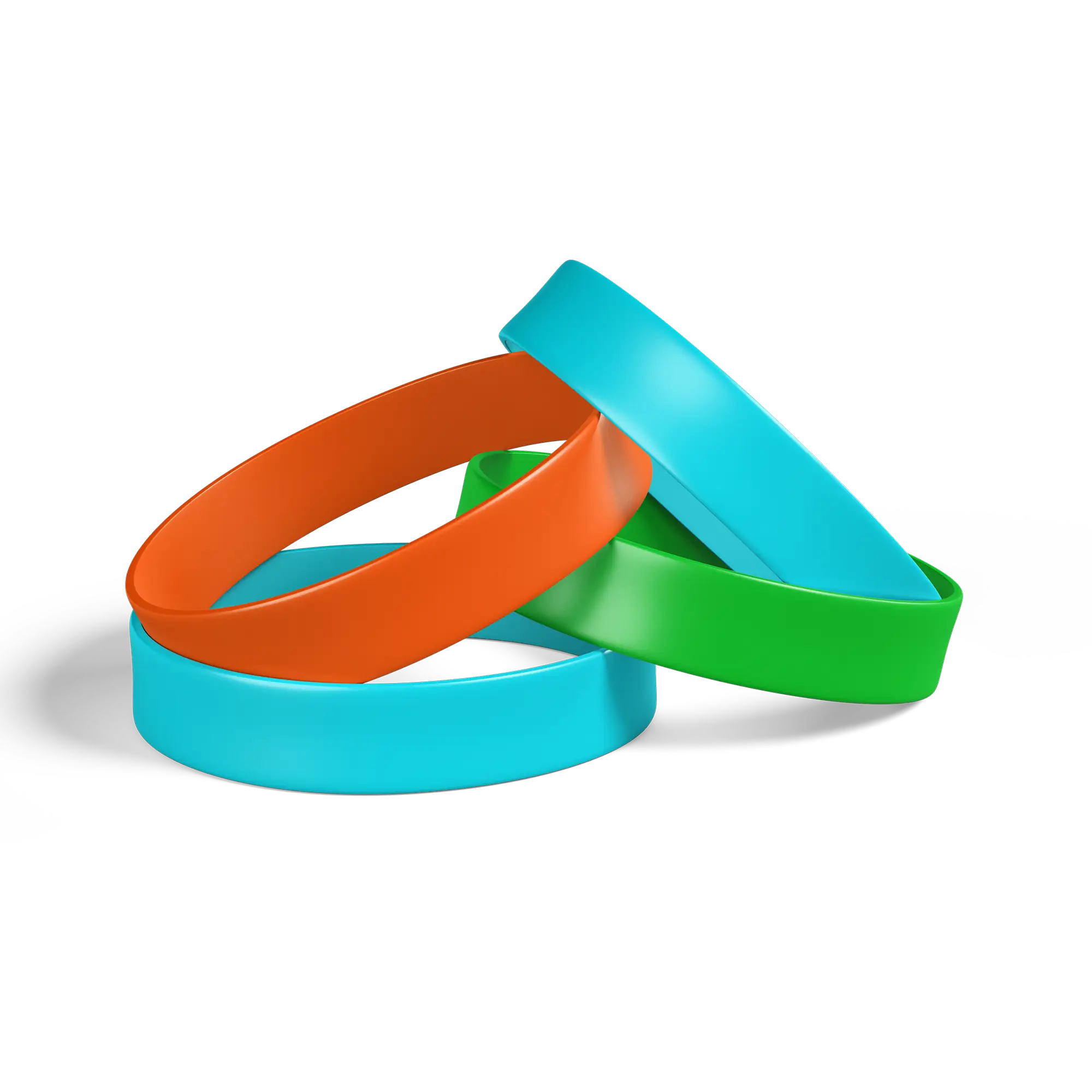 plain silicone wristbands customisable in orange, light blue and green designs stacked on top of each other