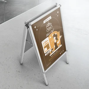 indoor a-frame sign for hospitality noir cafe foot traffic advertising, designed online using AAC design tool, printflo