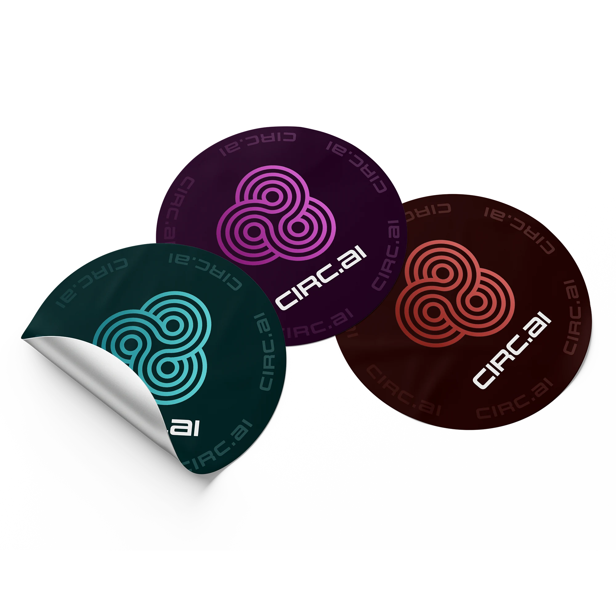 circle vinyl stickers in green pink and orange on dark background for circ.ai tech company