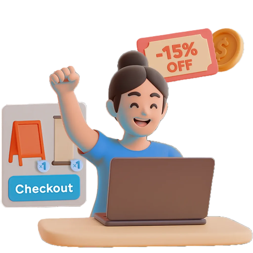 checking out with a sign bundle on aac webstie cartoon character icon