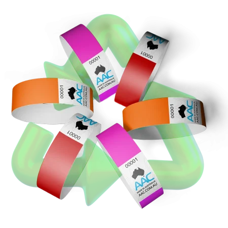 plain 19mm ecobands in red orange and neon pink colours with aac log and recyclable icon