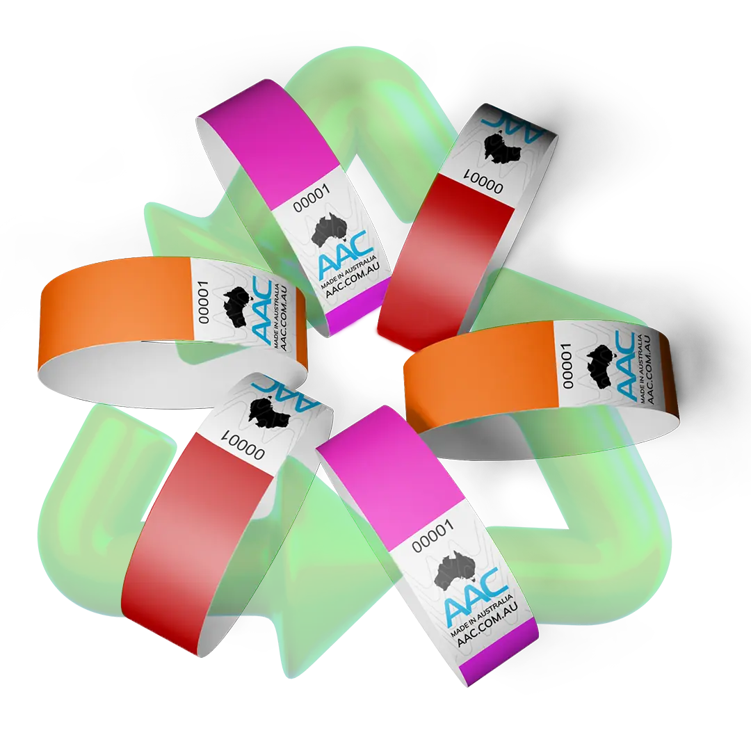 plain 19mm ecobands in red orange and neon pink colours with aac log and recyclable icon