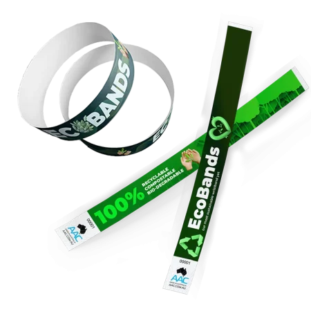 19mm ecobands event and ID wristbands. 100% recycable, compostable, bio-degradable and eco-friendly wristband in sustainability themed green design