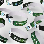 many ecobands, in biodegradable, compostable design, green colour designed online with AAC logo on adhesive
