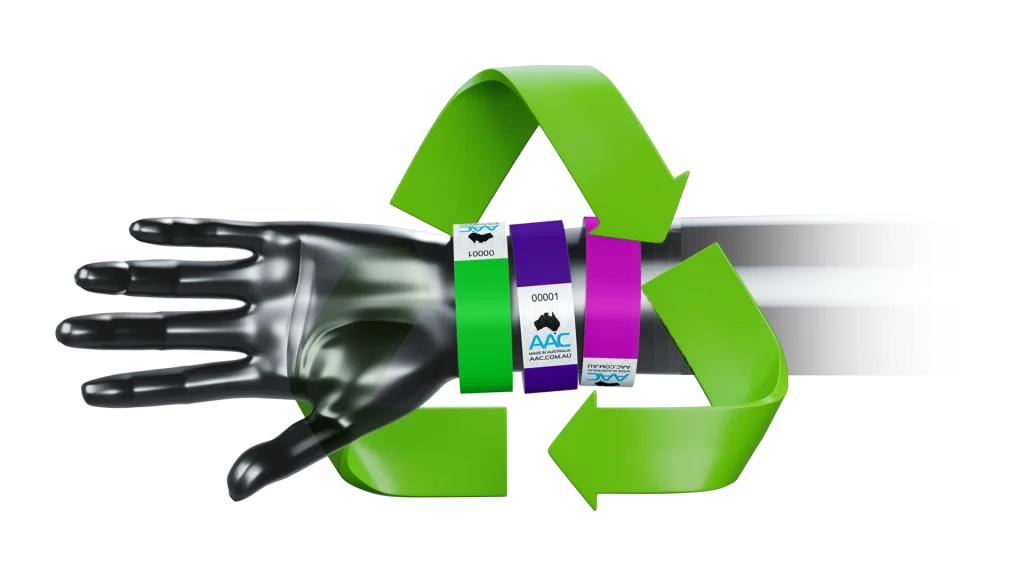 ecobands plain wristbands on mannequin hand with recycle logo behind