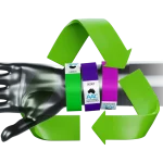 ecobands plain wristbands on mannequin hand with recycle logo behind