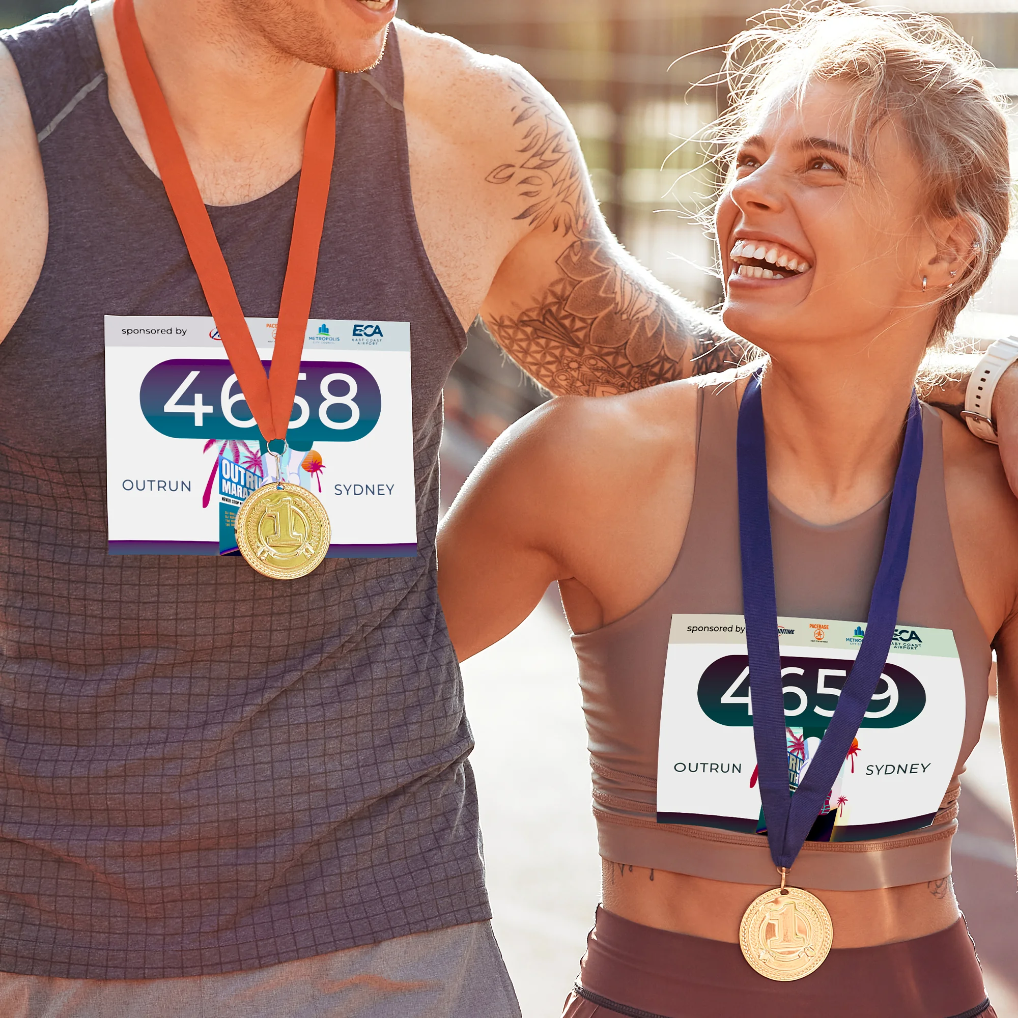 couple wearing AAC Stick on Fabric Race Bibs in satin fabric sheen designed online fast dispatch with variable data printing for running races
