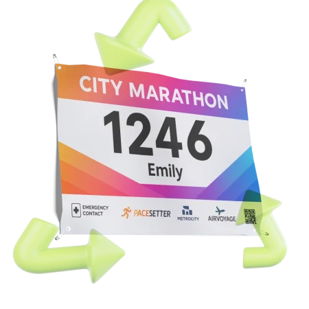 AAC Race Eco Bibs in satin fabric stick on variety for easy application, designed online for fast dispatch with variable data printing for eco-friendly races or fun runs