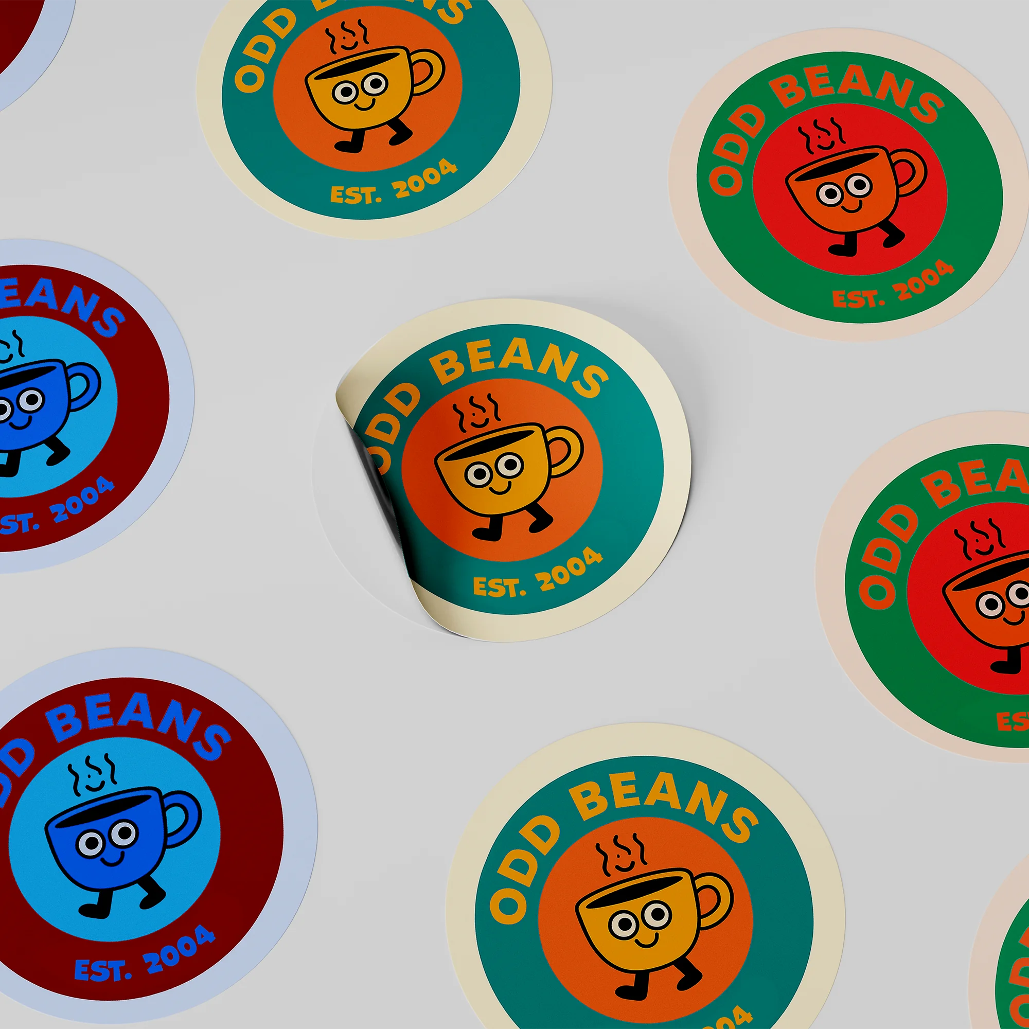 circle cafe stickers for odd beans. quirky sticker designs