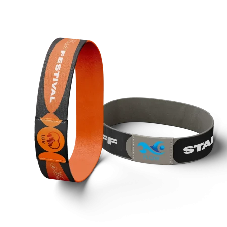 elastic wristbands in orange and grey for music festival and aquatic center