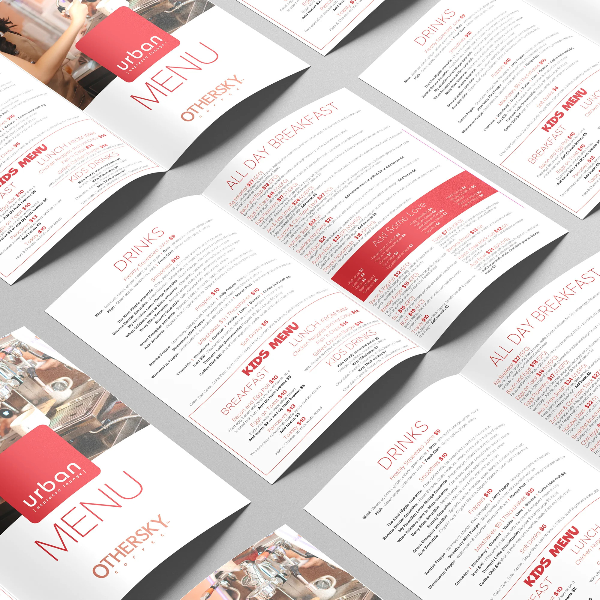many menu's for urban espresso cafe designed online using printflo design tool and printed in a4 b-fold print