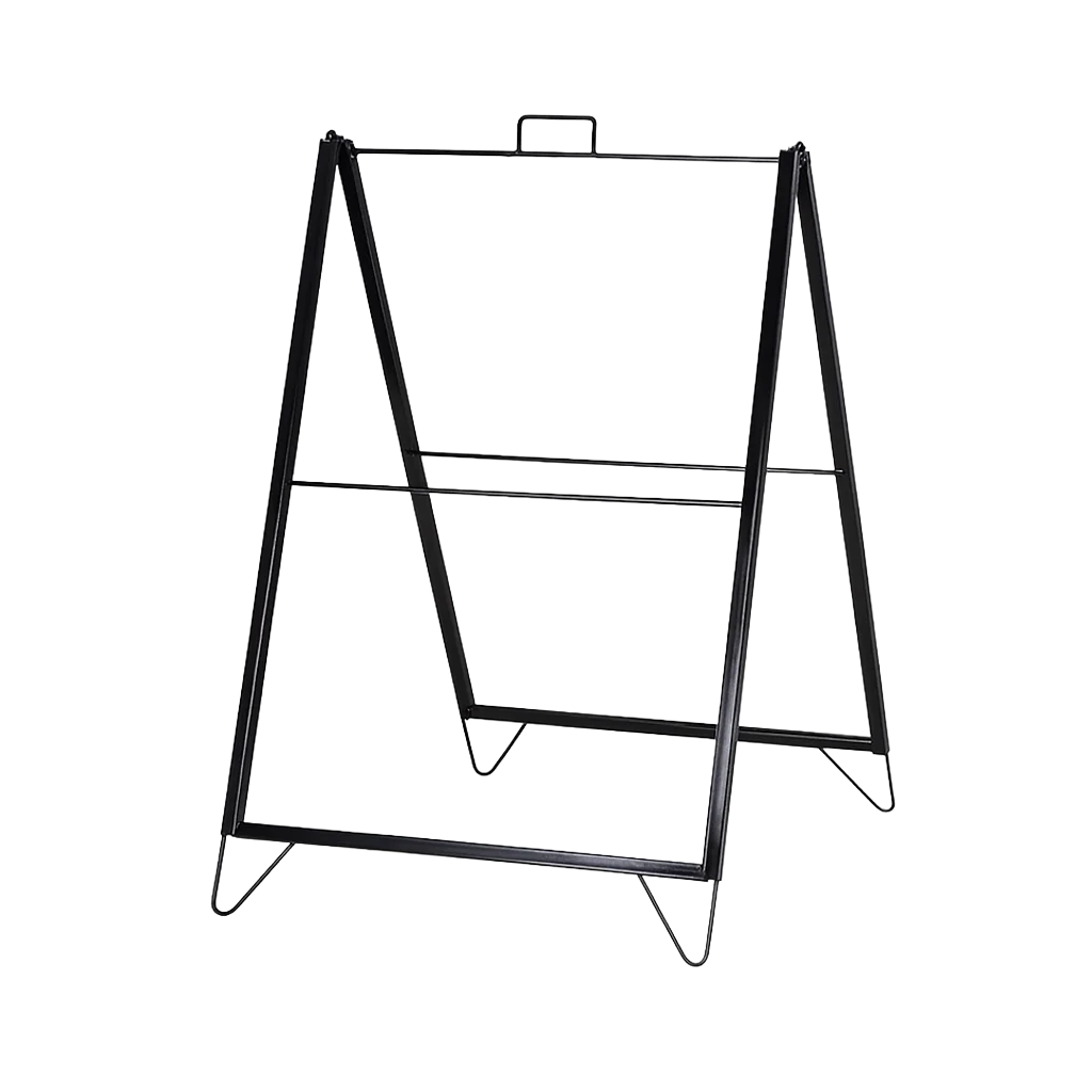 outdoor a frame sign with triangle peggable feet and top handle, black powder coated steel frame for durability