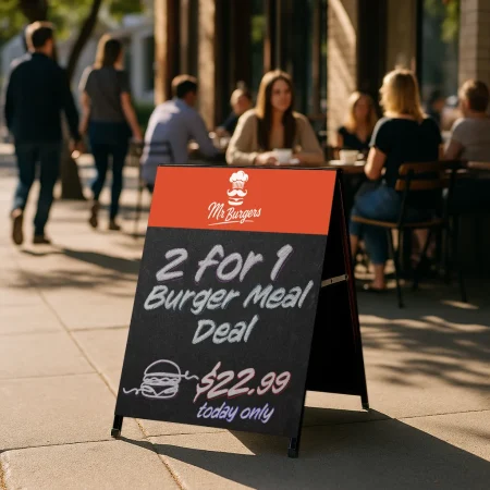 chalkboard a-frame sign for mr burgers restaurant