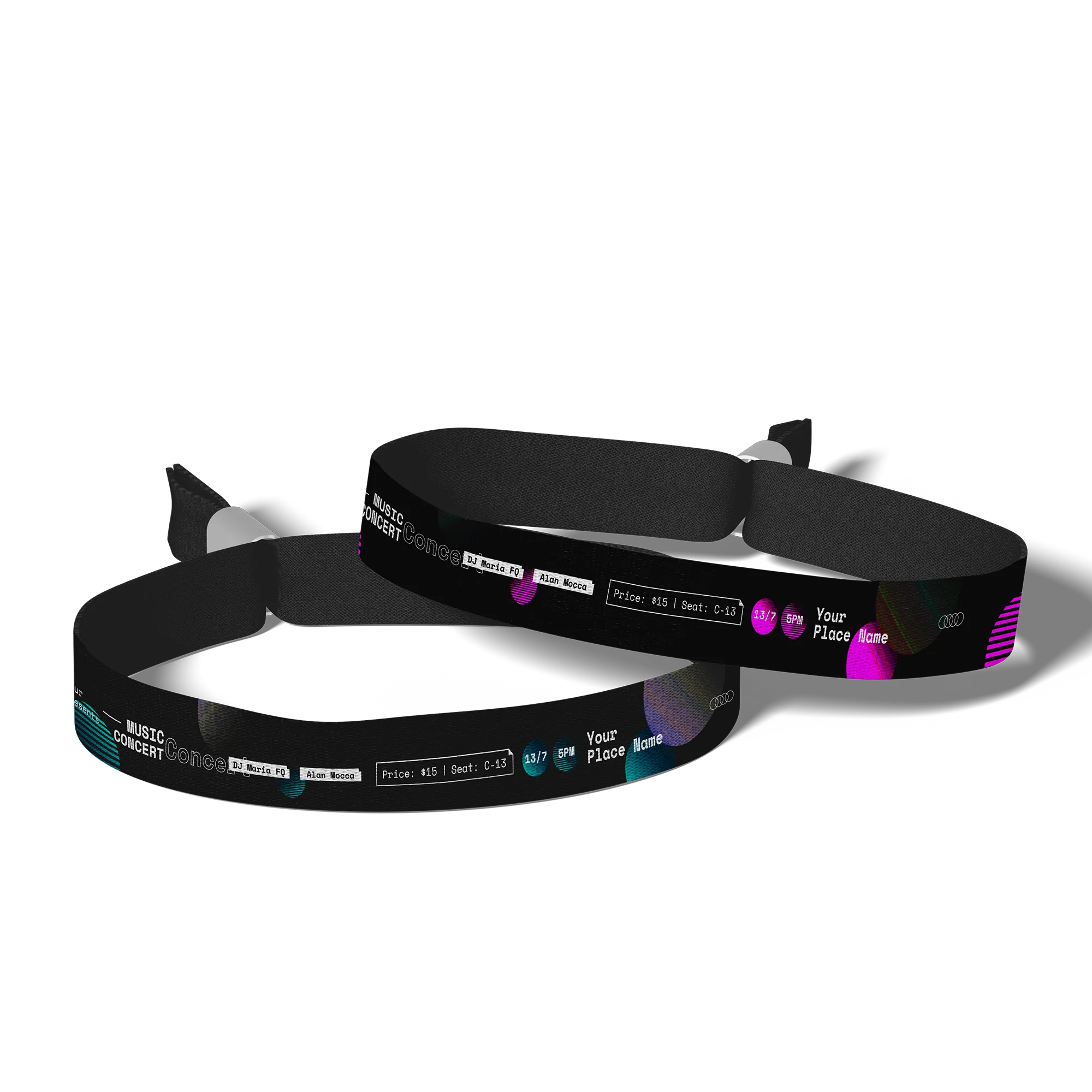 printed fabric wristbands on dark colour with vibrant colour accents for a music festval