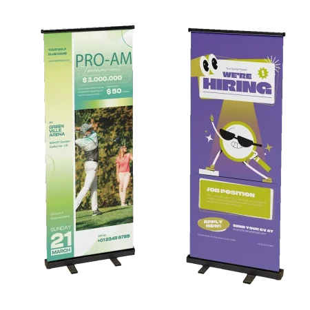 Two Pull banners printed in full colour artwork designs from AAC. Customised & designed online using aac's printflo for career fair and golf club