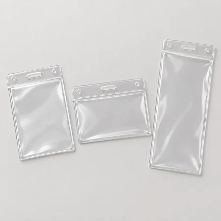 Three clear PVC ID pouches in portrait, landscape and tall formats