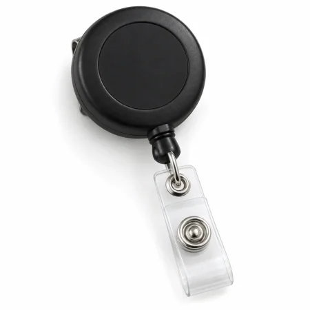 Plain black retractable badge reel with a clear vinyl snap strap