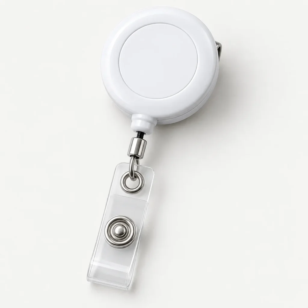 Plain white retractable badge reel with a clear vinyl snap strap