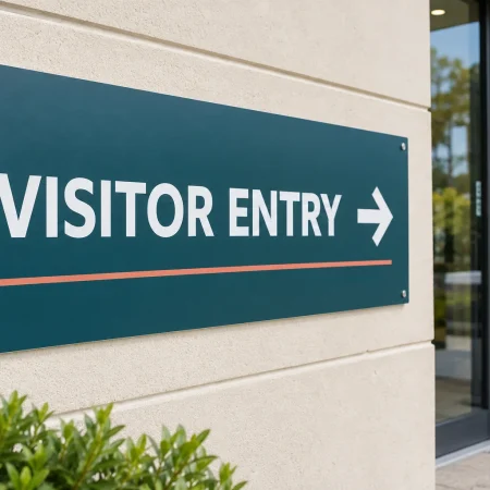 Printed aluminium composite visitor entry sign fixed to a venue exterior wall