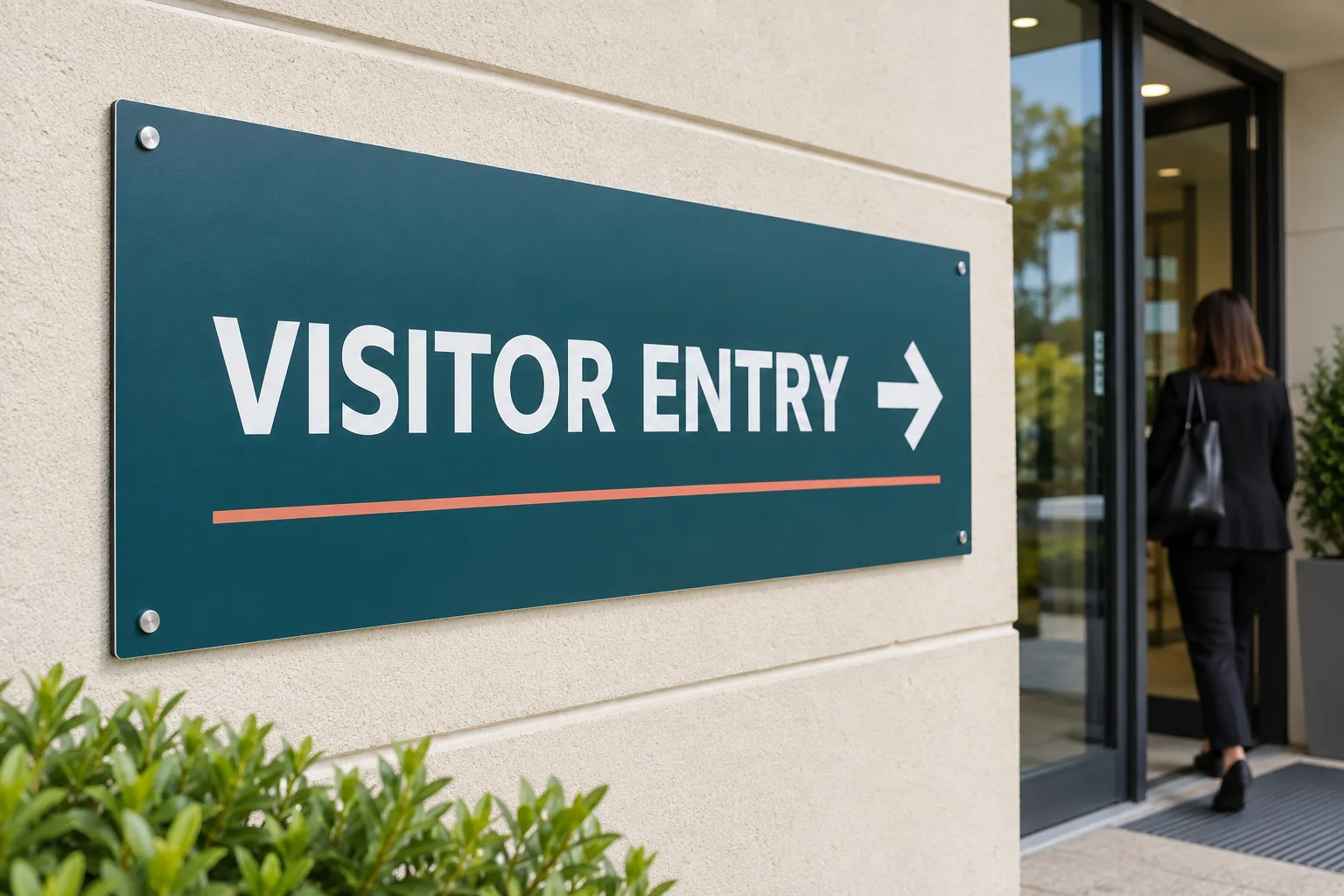 Printed aluminium composite visitor entry sign fixed to a venue exterior wall